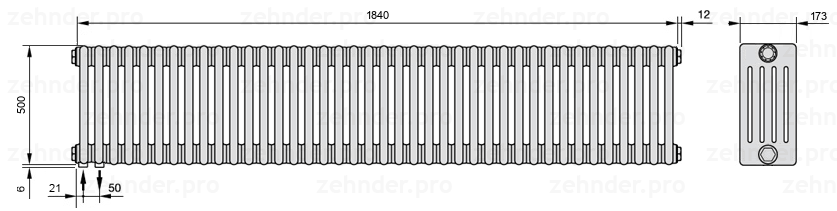 Схема (чертеж) Радиатор Zehnder Charleston 5050/40 №3370 Белый глянцевый RAL 9016